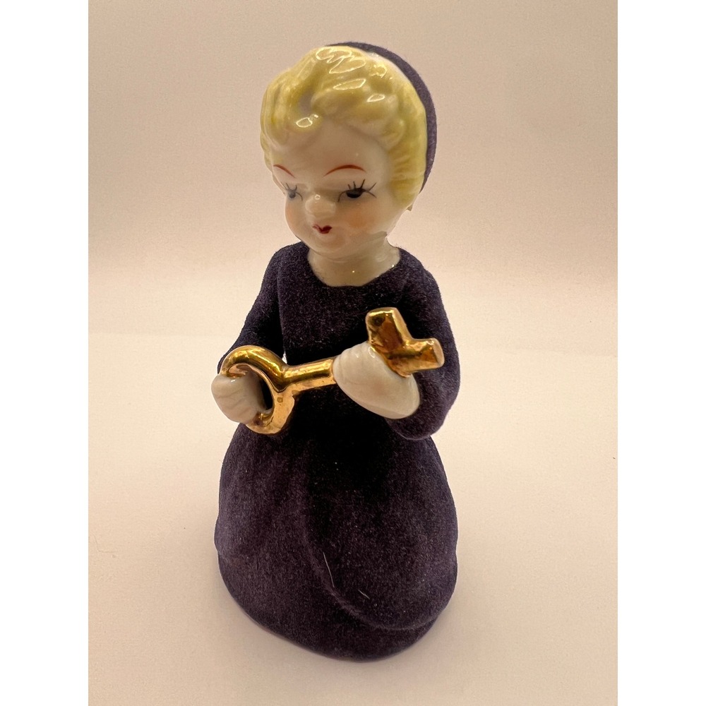 Vintage Japan Figurine Flocked Girl Gold Key Navy Blue MCM Grandmillennial Story